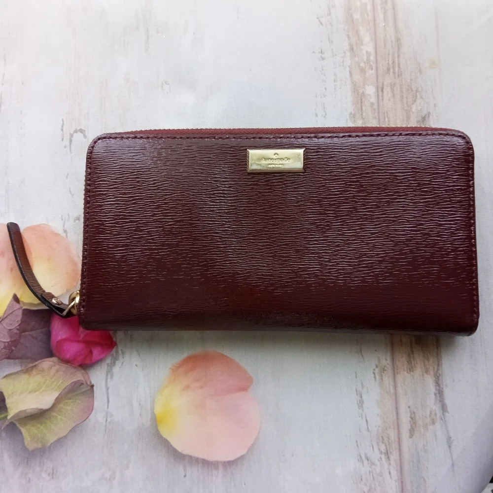 Kate Spade Burgundy textured Patent Leather Zipper Wallet